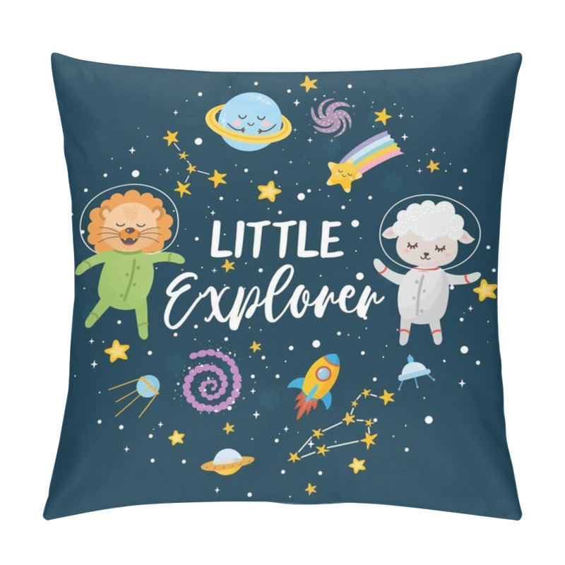 Personality  Little Explorer Greeting Card. Kids Illustration With Hand Lettering Text And Different Elements Of Cosmos. Astronaut Animals, Lamb And Lion. Cute Character Planets, Sun, Moon, Stars, Milky Way. Pillow Covers