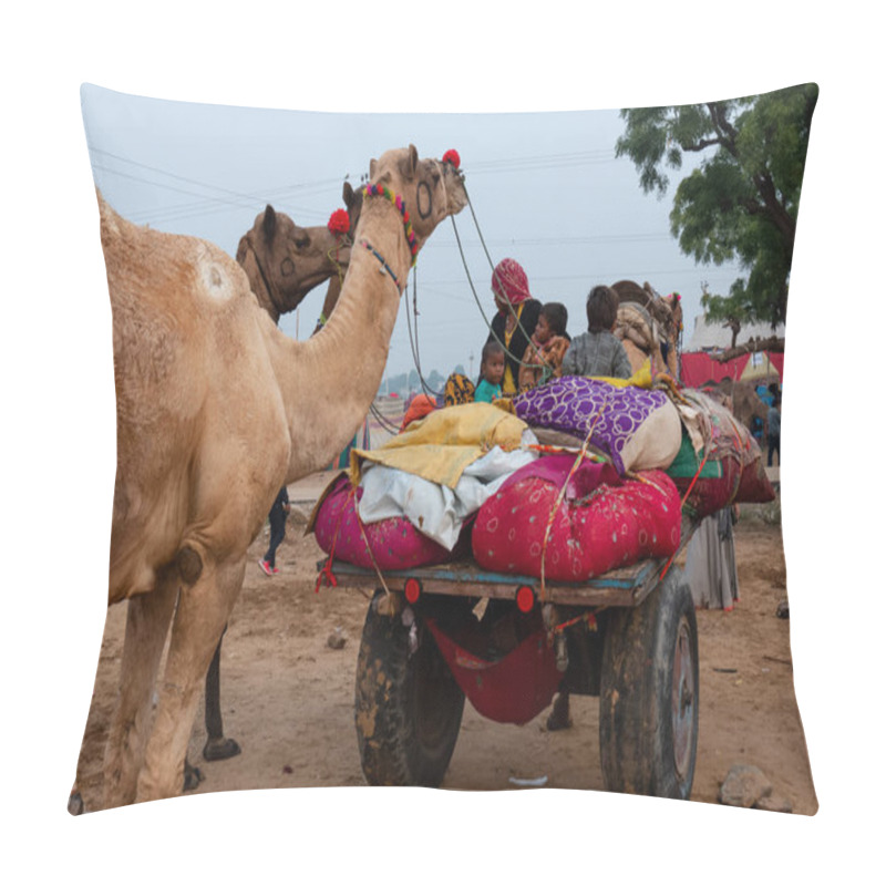 Personality  PUSHKAR, RAJASTHAN / INDIA - NOVEMBER 2019 : Young Indian Boy With Camel In Pushkar Fair Pillow Covers