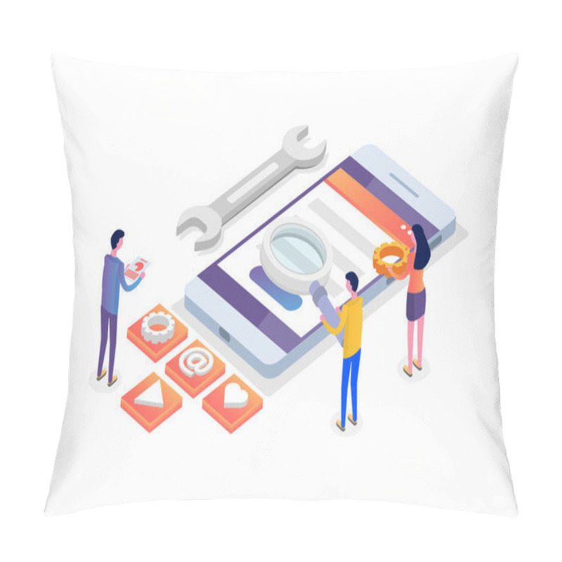 Personality  Mobile App Development Isometric Concept.  Landing Page Template. Vector Illustration. Pillow Covers