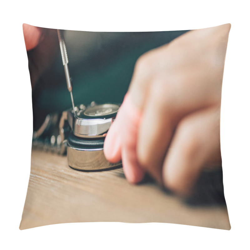 Personality  Selective Focus Of Watchmaker Using Screwdriver For Wristwatch On Stand On Table Pillow Covers