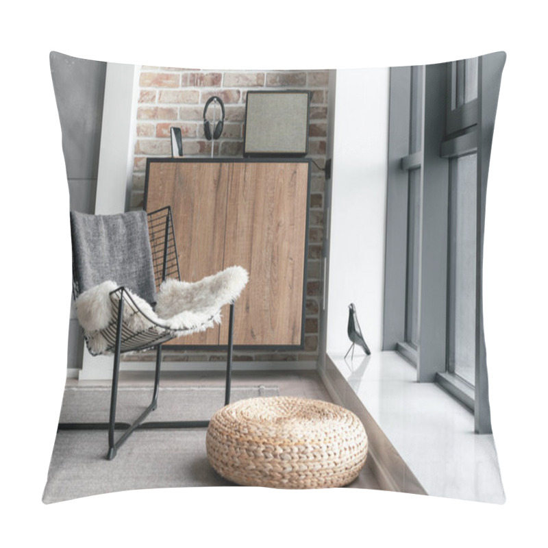 Personality  Cozy Lounge Zone Near Panoramic Window With Metal Chair, Straw Ottoman And Modern Equipment For Listening Music On Commode Against Brick Wall. Loft Style Interior Design In Hotel Or Home Pillow Covers