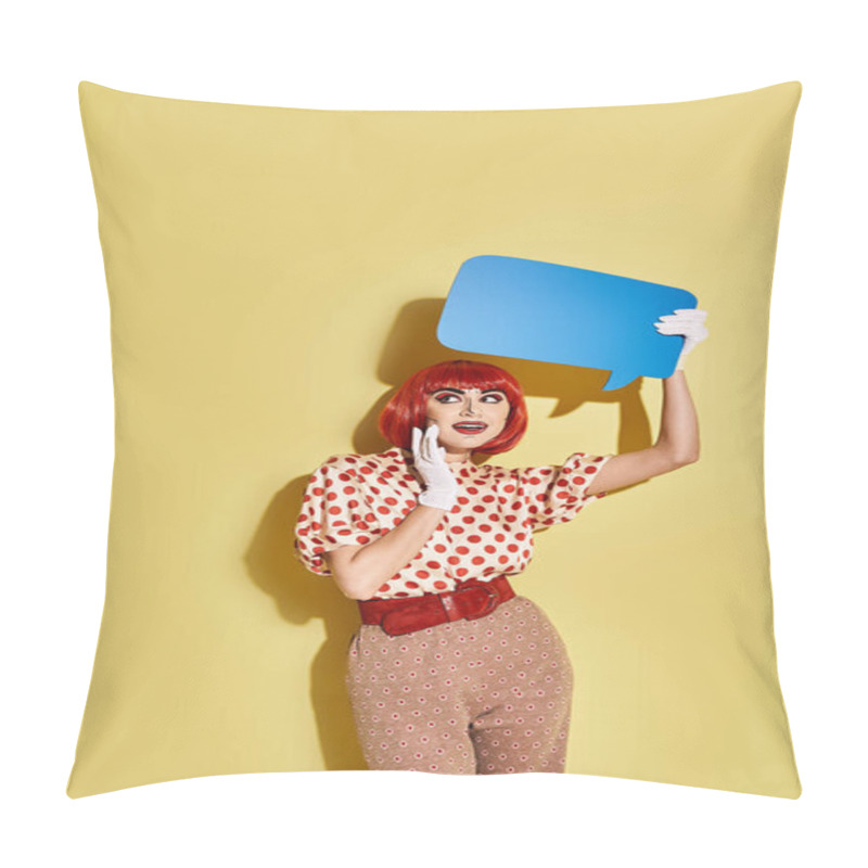 Personality  A Pretty Redhead Woman With Creative Pop Art Makeup And A Polka Dot Blouse Has A Speech Bubble On Her Head. Pillow Covers