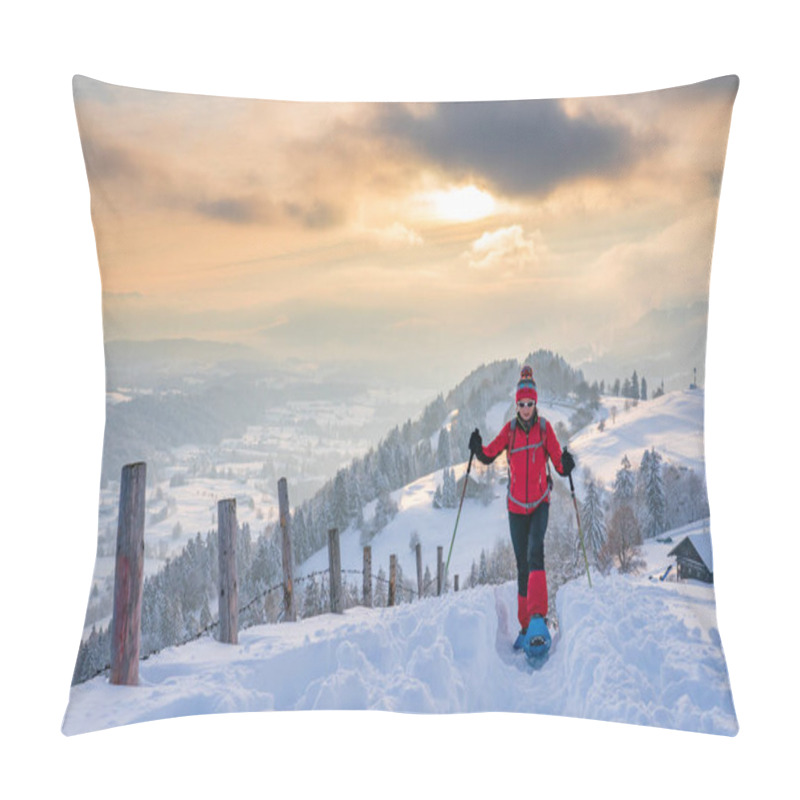 Personality  Nice Active Senior Woman Snowshoeing In The Allgaeu Alps Near Oberstaufen With View Into The Bregenzerwald, Vorarlberg, Austria Pillow Covers