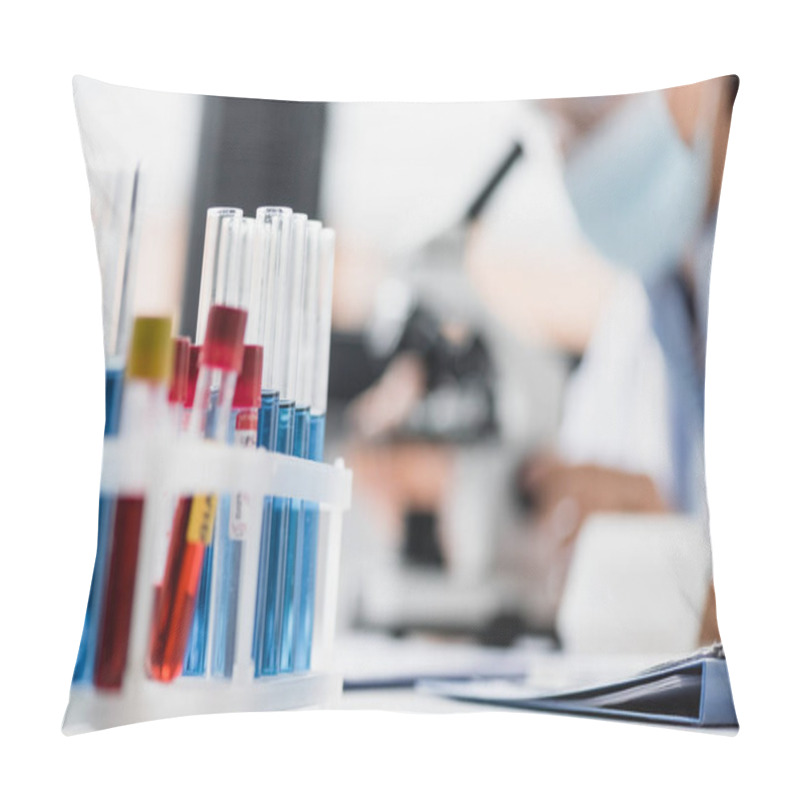 Personality  Close Up Of Glass Test Tubes With Samples Near Doctor On Blurred Background Pillow Covers