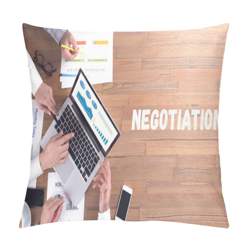 Personality  NEGOTIATION Word Concept On Desk Background Pillow Covers