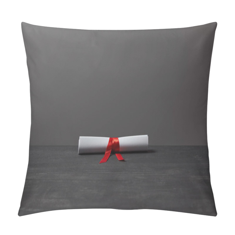 Personality  Diploma With Red Ribbon On Dark Textured Surface On Grey Pillow Covers