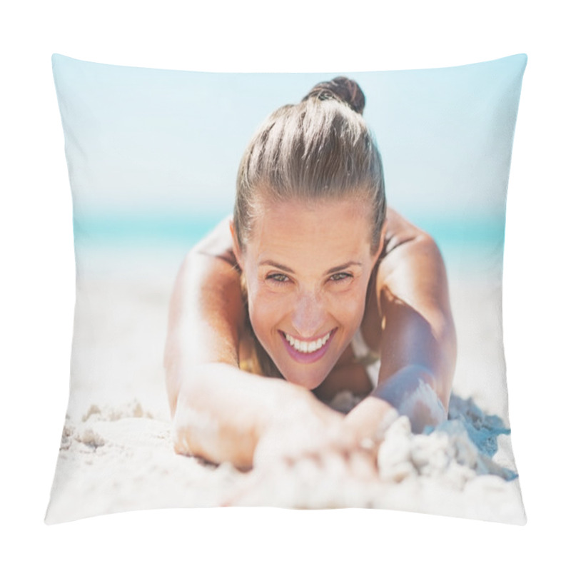 Personality  Happy Young Woman In Swimsuit Laying On Sandy Beach Pillow Covers