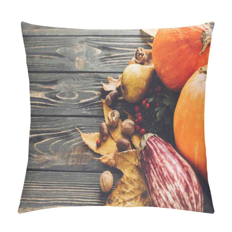 Personality  Beautiful Pumpkin With Bright Autumn Leaves, Acorns, Nuts, Berries On Wooden Rustic Table. Space For Text. Cozy Fall Season. Happy Thanksgiving Concept. Atmospheric Image Pillow Covers