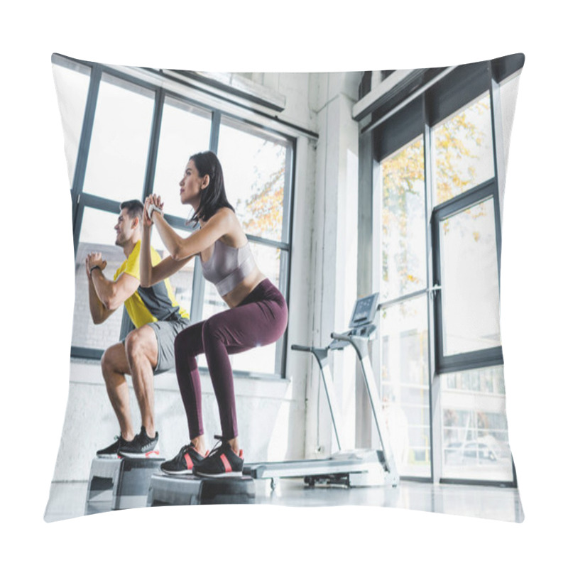 Personality  Sportsman And Sportswoman Doing Squat On Step Platforms In Sports Center Pillow Covers