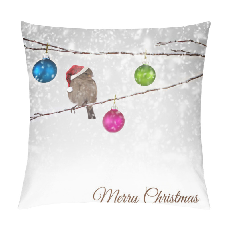 Personality  Christmas Balls And Sparrow Bird With Santa Claus Hat On Snowy Branch Pillow Covers