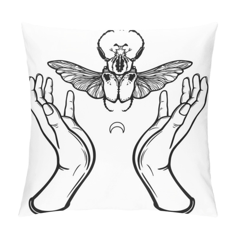 Personality  Human Hands Hold Goliath's Bug. Symbols Of The Moon. Mysticism, Esoterics, Sorcery. Coloring Book. Vector Illustration Isolated On A White Background. Pillow Covers