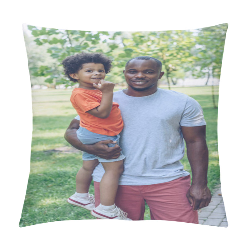 Personality  Happy African American Man Holding Adorable Son And Looking At Camera While Walking In Park  Pillow Covers