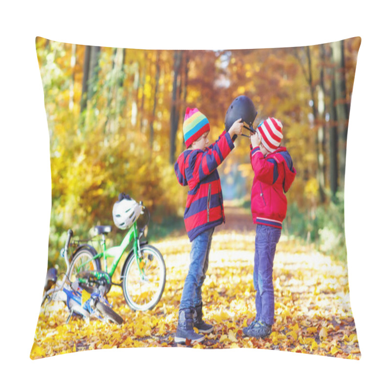 Personality  Two Little Kid Boys With Bicycles In Autumn Forest Pillow Covers