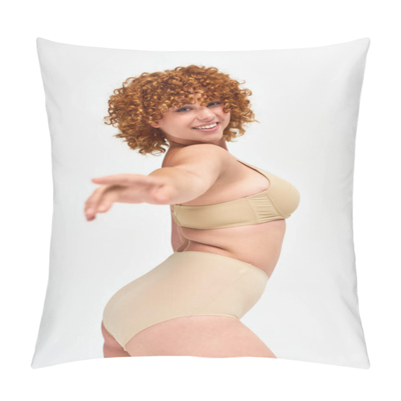 Personality  Cheerful And Redhead Woman In Taupe Lingerie Pointing And Looking At Camera On White, Curvy Body Pillow Covers