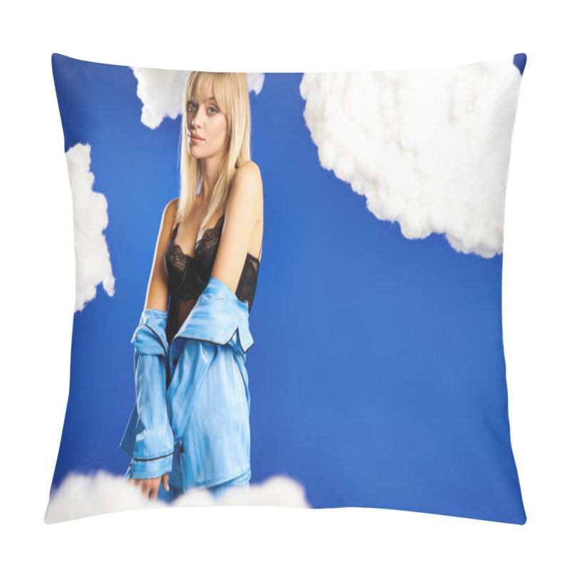 Personality  A Blonde Woman In Vibrant Attire Stands Confidently Amidst Fluffy Clouds. Pillow Covers