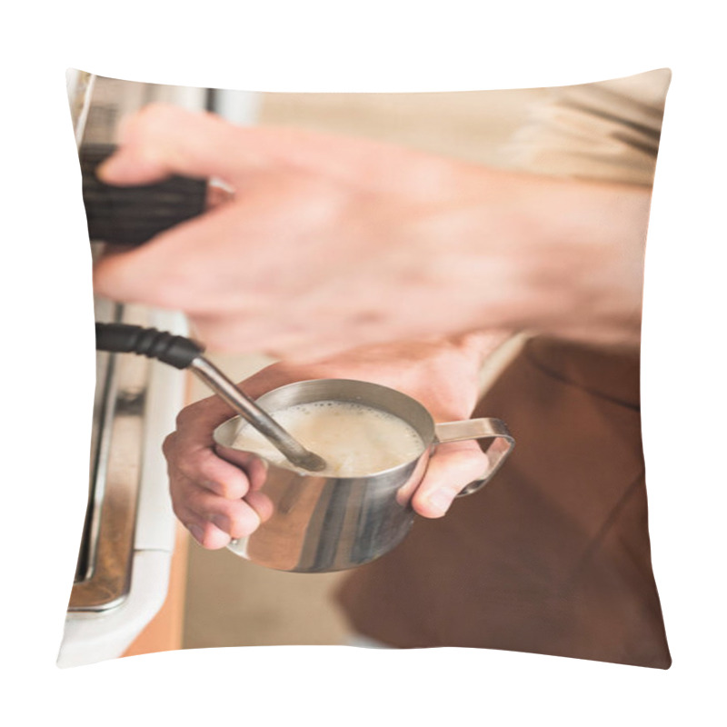 Personality  Cropped View Of Barista Filling Up Steel Milk Jug Pillow Covers