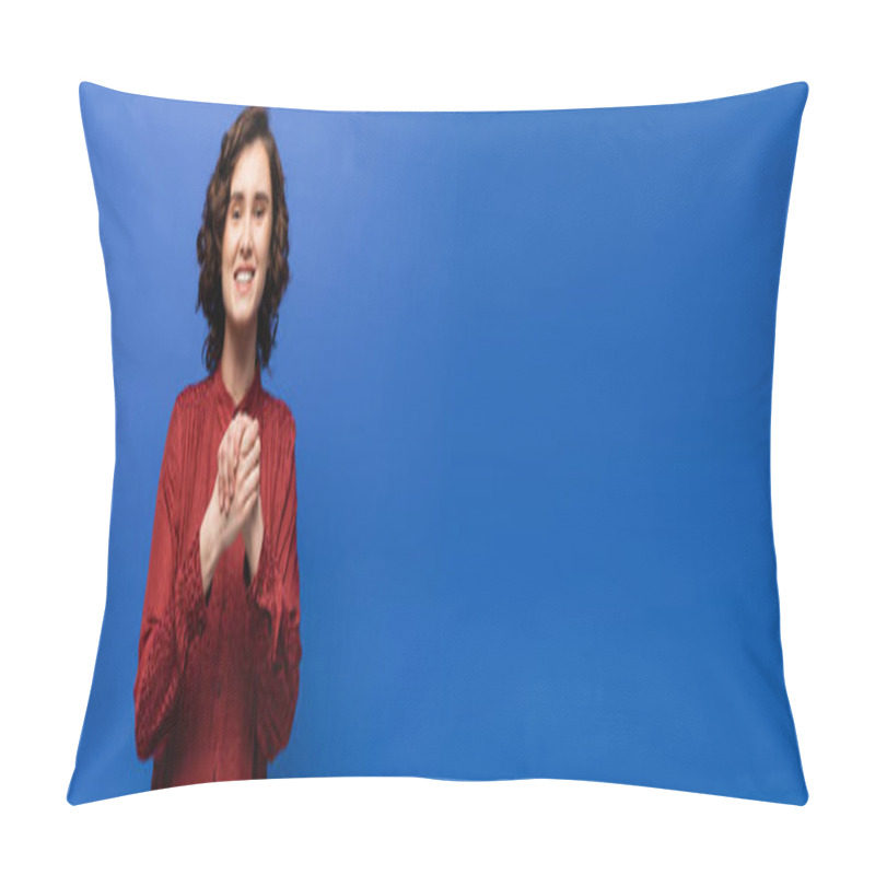 Personality  Excited Woman Showing Handshake Gesture Meaning Togetherness On Sign Language Isolated On Blue, Banner Pillow Covers