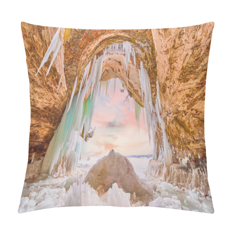 Personality  Large Ice Cave Entrance Covered In Blue And Green Icicles And Broken Ice Pillow Covers