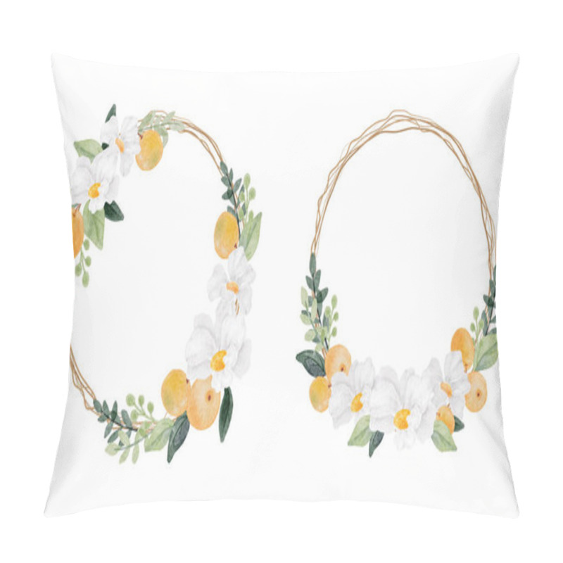 Personality  Watercolor White Flower And Orange Fruit Wreath Frame Collection Isolated On White Background Digital Painting Pillow Covers