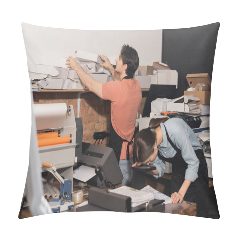 Personality  Typographer In Apron Reaching Folded Carton Boxes Next To Colleague And Equipment In Print Center  Pillow Covers