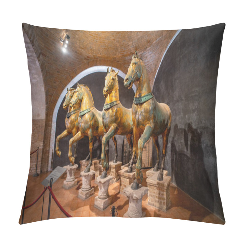 Personality  Ancient Bronze Horse Statues Displayed In A Museum Exhibit, Showcasing Intricate Craftsmanship And Historical Significance Under Warm Lighting In A Brick-arched Room. Pillow Covers