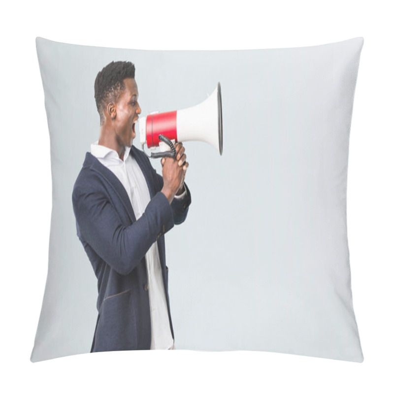 Personality  Handsome African American Man Wearing A Jacket Holding A Megapho Pillow Covers