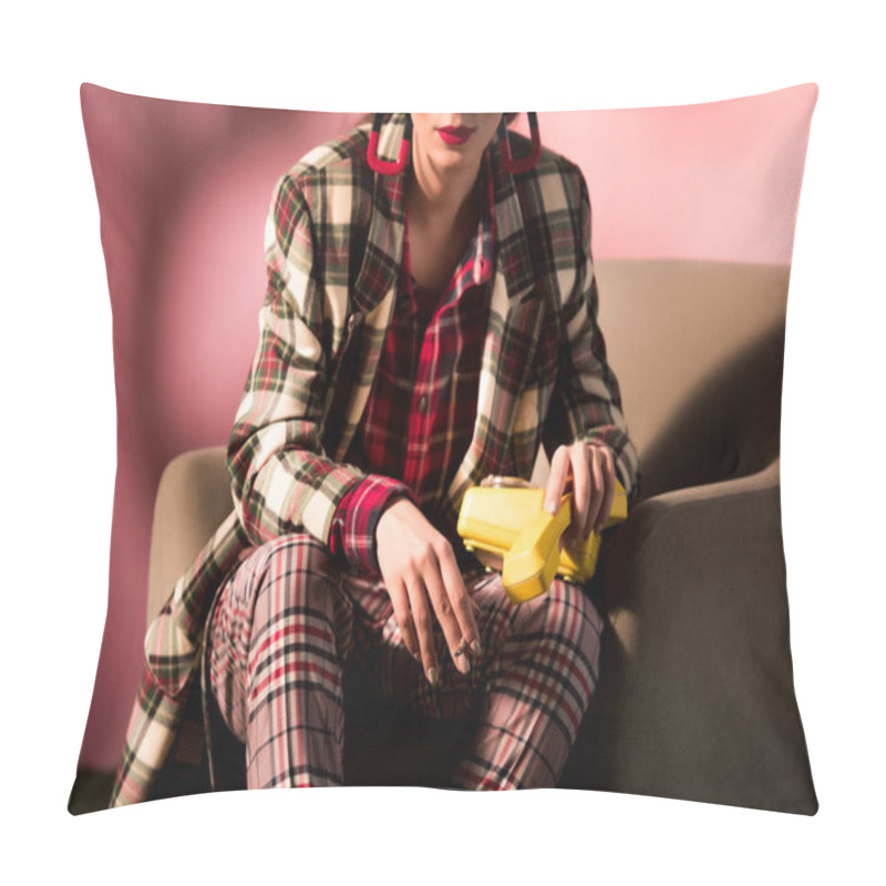 Personality  Cropped View Of Elegant Girl In Checkered Suit Posing In Armchair With Retro Telephone On Pink Background Pillow Covers