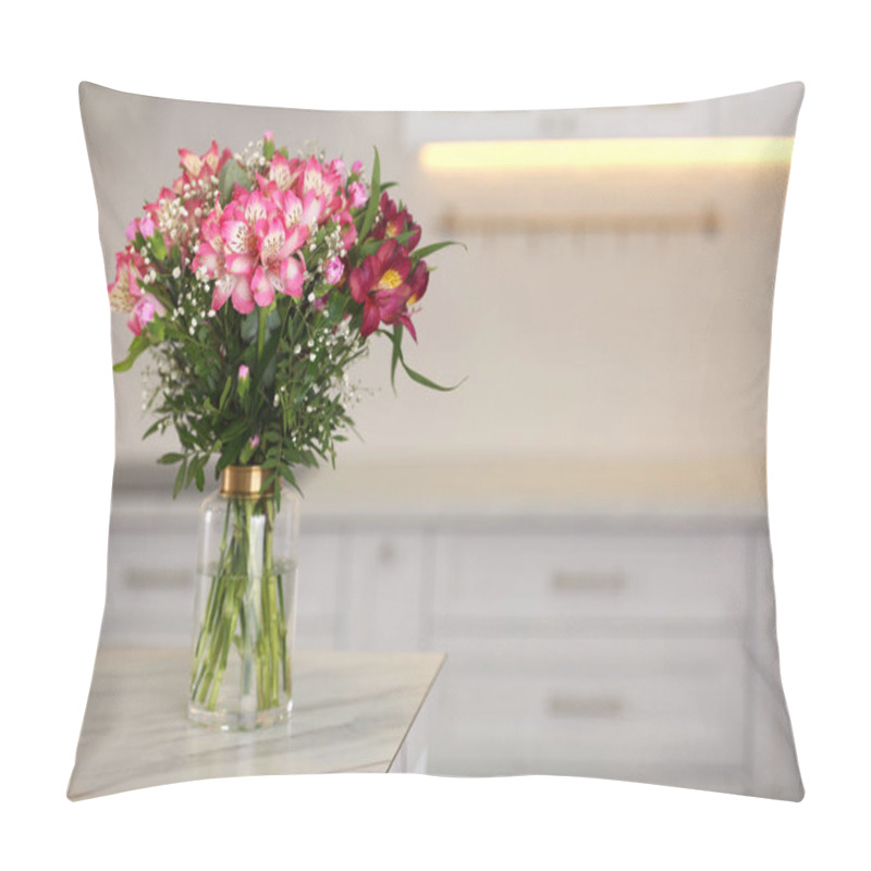 Personality  Vase With Beautiful Alstroemeria Flowers On Table In Kitchen, Space For Text. Interior Design Pillow Covers