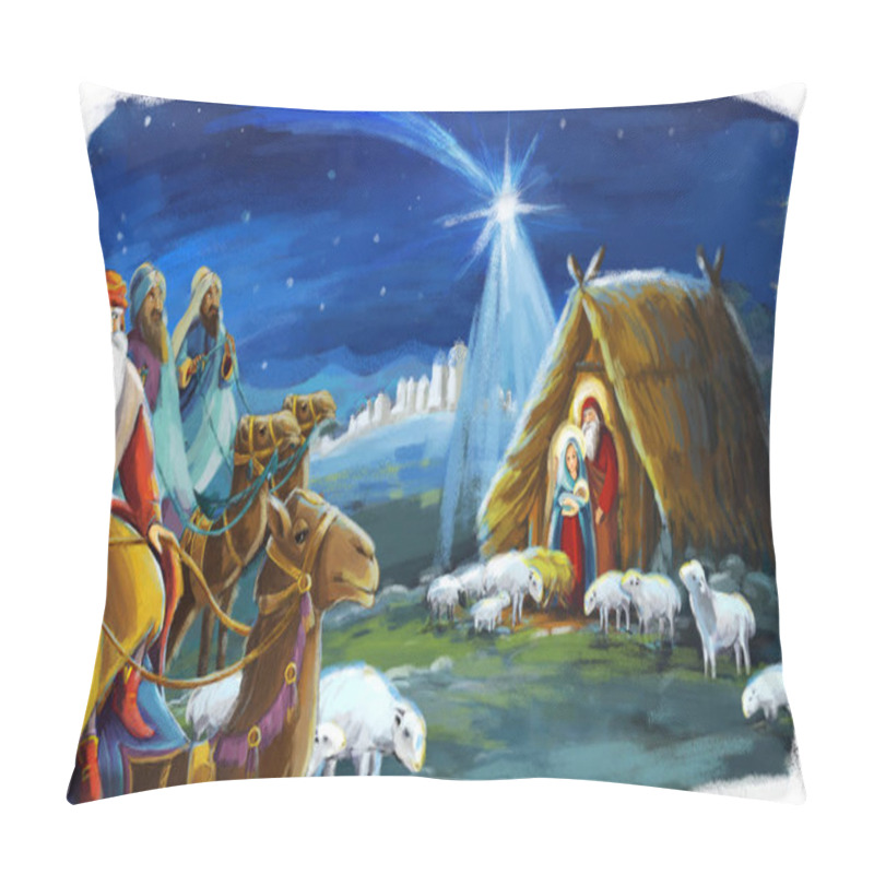 Personality  Traditional Christmas Scene With Holy Family And Three Kings For Different Usage - Illustration For Children Pillow Covers