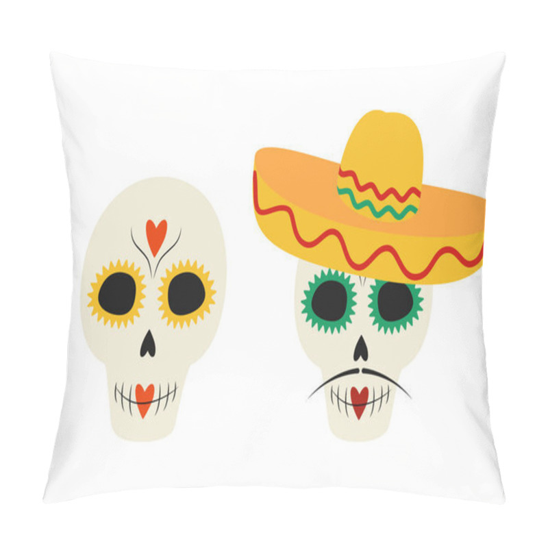 Personality  Painted Skeletons In Sombrero With Mustache And Not Set Of 2 Design Elements In Trendy Festive Colors. Isolated Vector Illustration Thematic Greeting Or Invitation Cards, Poster, Social Media Or Web Pillow Covers