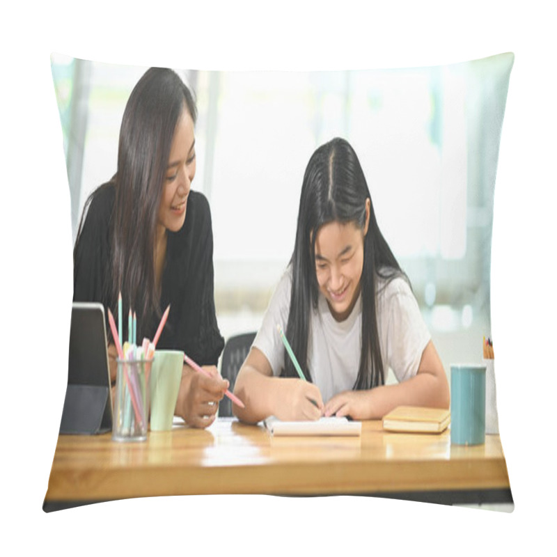 Personality  A Young Mother Is Teaching A Daughter To Do Homework At The Wooden Table. Pillow Covers