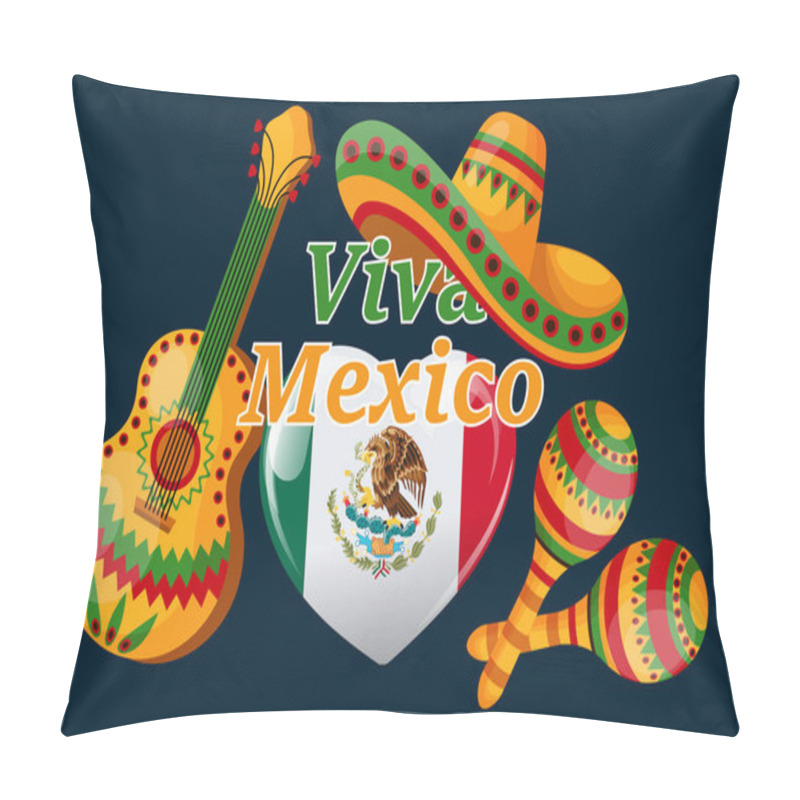 Personality  Viva Mexico Banner, Heart Shaped Mexico Flag, Maracas, Sombrero And Guitar On Dark Background. Poster, Vector Pillow Covers