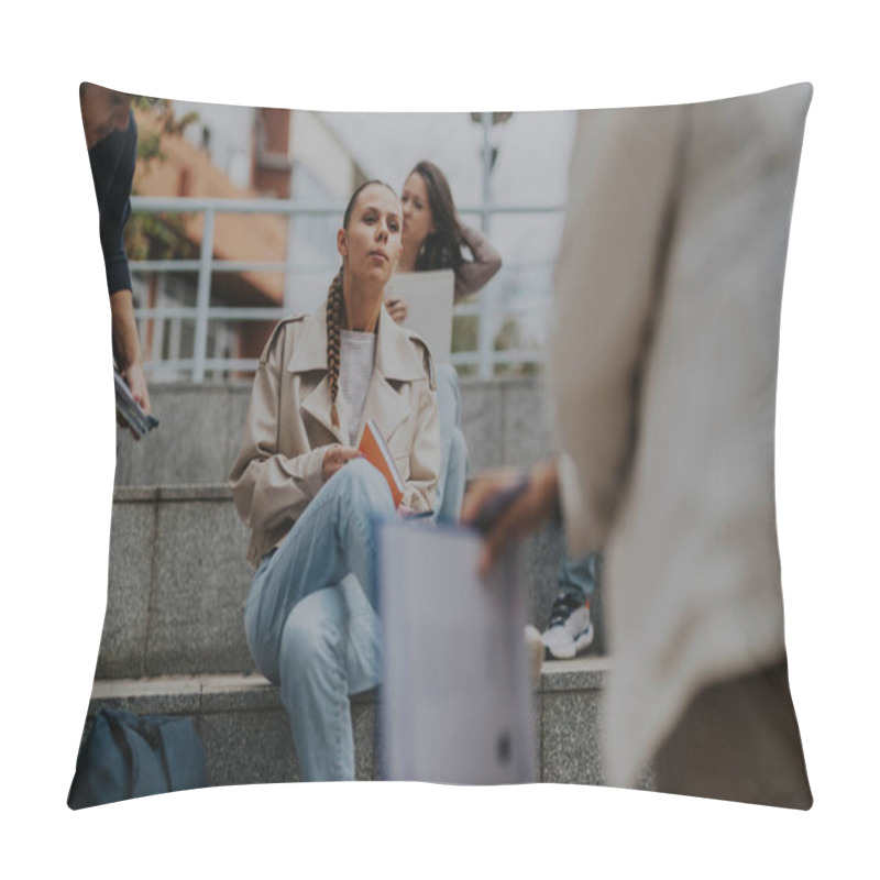 Personality  A Group Of High School Students Working On Tasks Outdoors, Receiving Guidance From A Professor. The Setting Is Informal, With Students Seated On Steps, Fostering A Collaborative Learning Environment. Pillow Covers