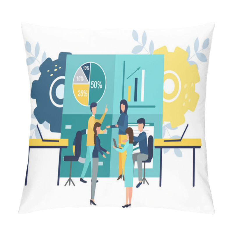 Personality  Work In The Office. Men And Women Take Part In Business Meetings, Negotiations, Brainstorming Sessions, Talk With Each Other. Colorful Vector Illustration In Flat Cartoon Style Pillow Covers