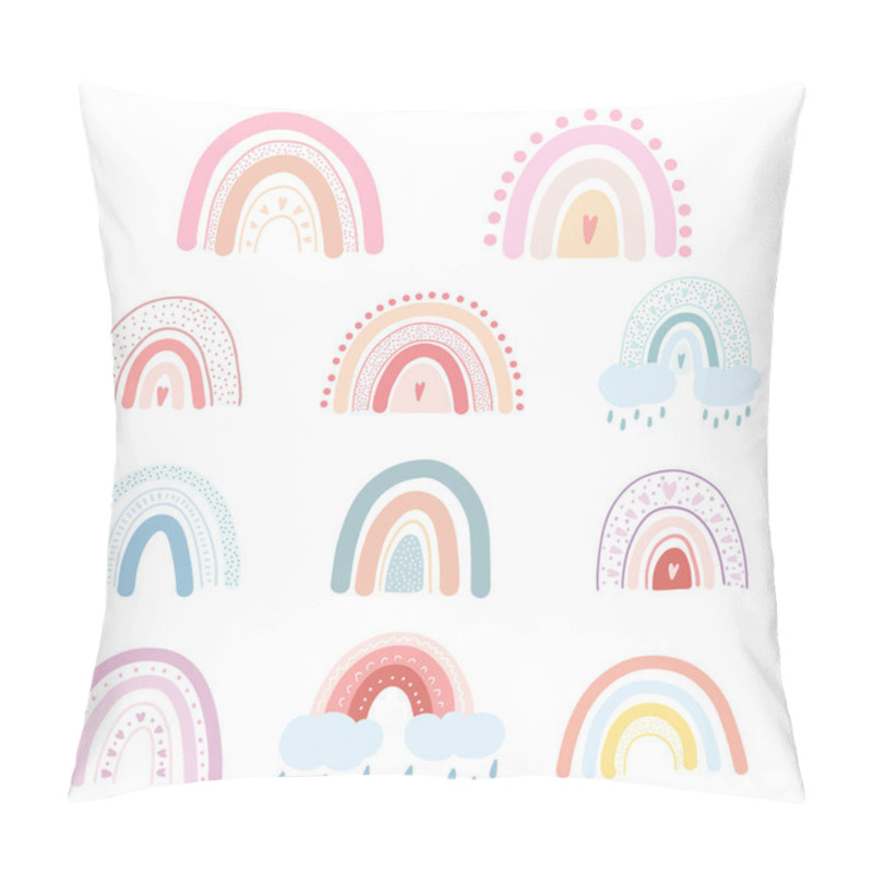 Personality  Set Of Hand Drawn Rainbows With Hearts, Clouds, Raindrops. Vector Illustration Of Colorful Pastel Rainbow Childish Scandinavian Style For Fabric Print, Apparel, Children Textile Design, Card. Pillow Covers