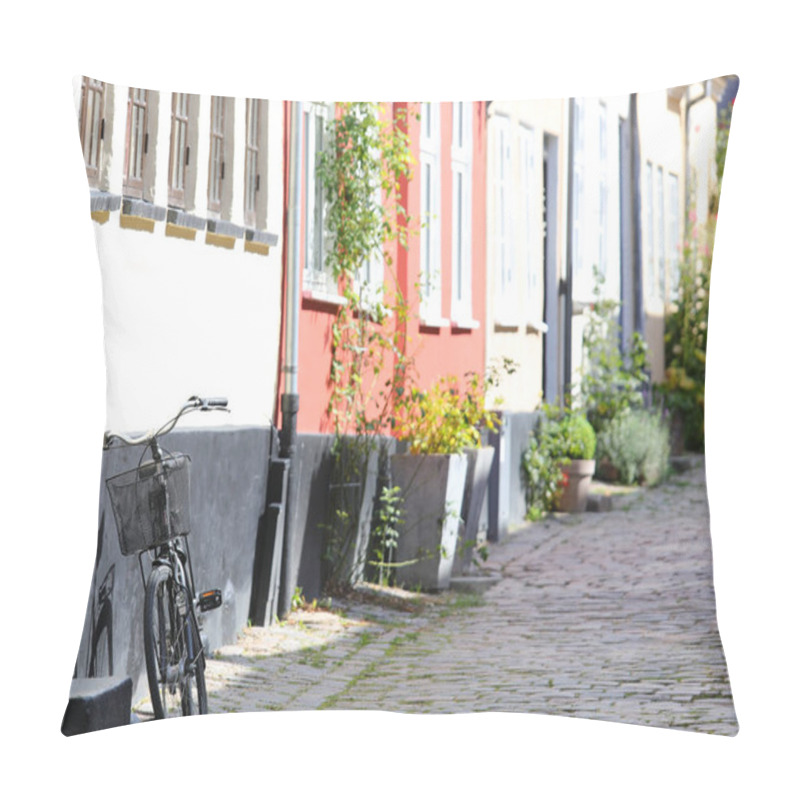 Personality  Street Cobblestone Alley With Old Bicycle With Basket Leaning Against The Wall Typical Of Northern European Countries Pillow Covers