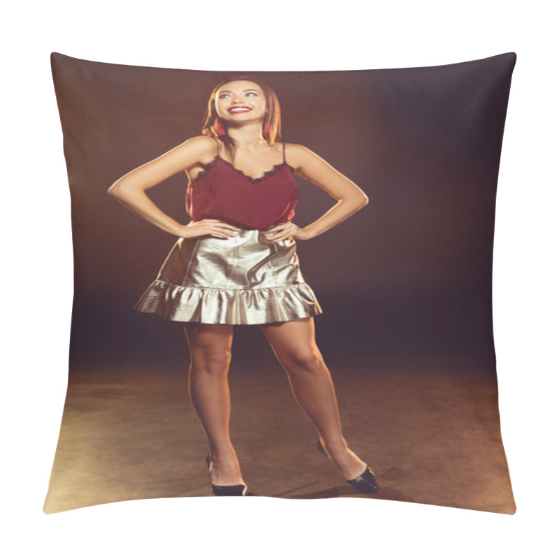 Personality  Laughing Young Woman In Glamour Dress Standing With Hands On Waist At Night Event Pillow Covers