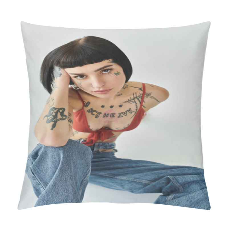 Personality  A Stylish Woman Showcases Her Tattoos While Striking A Captivating Pose. Pillow Covers