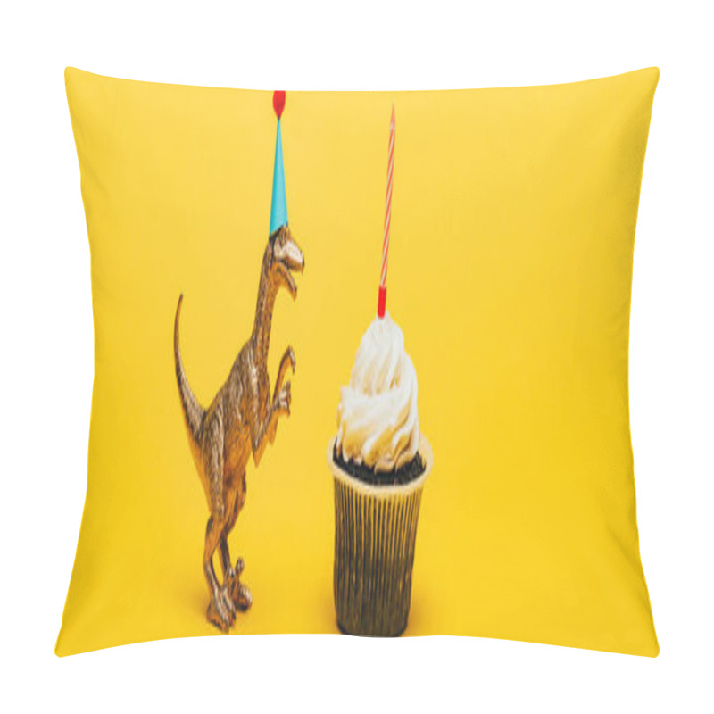 Personality  Panoramic Shot Of Toy Dinosaur In Party Cap And Cupcake With Candle On Yellow Background Pillow Covers