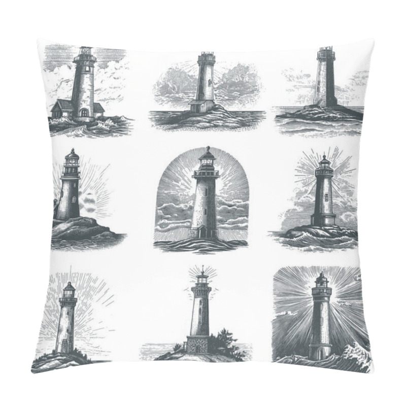 Personality  Vintage Engraving Of Various Lighthouses In Coastal Settings For Nautical Themed Designs Pillow Covers