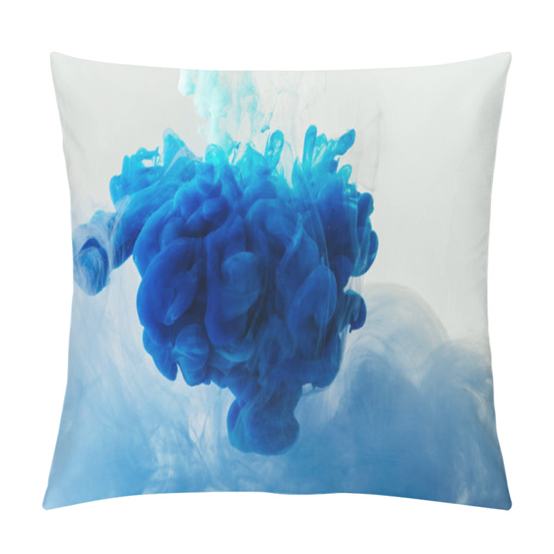 Personality  Close Up View Of Mixing Of Blue And Turquoise Ink Splashes In Water Isolated On Gray Pillow Covers