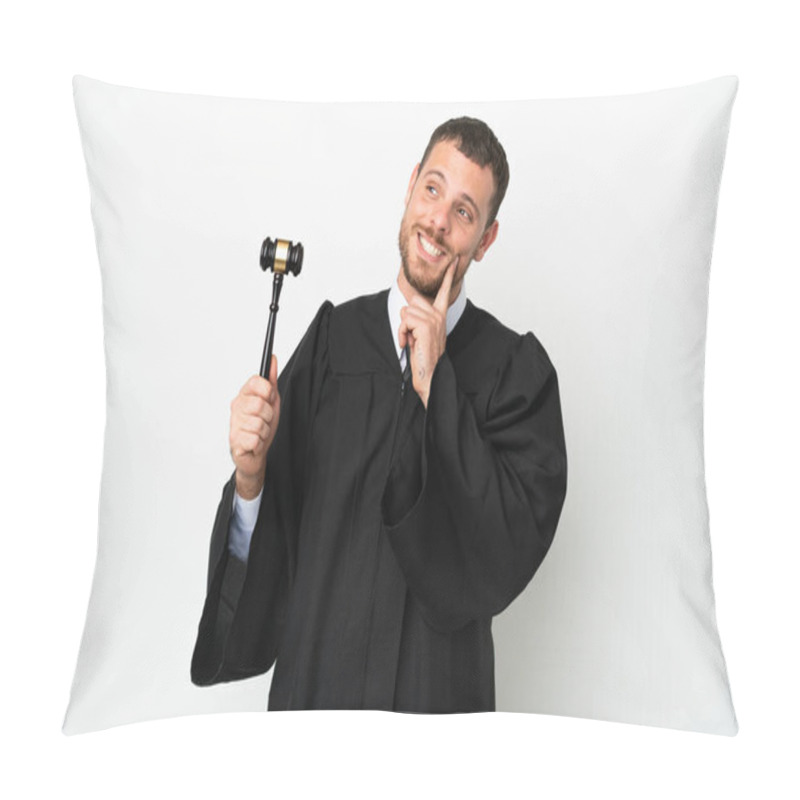 Personality  Judge Caucasian Man Isolated On White Background Thinking An Idea While Looking Up Pillow Covers