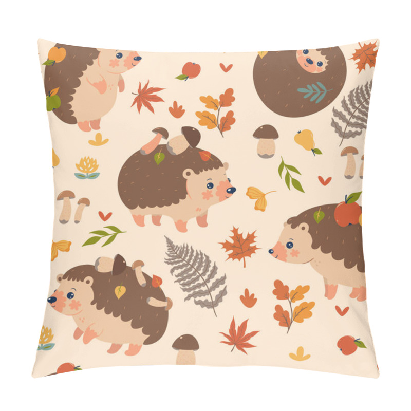 Personality  Seamless Pattern With Autumn Hedgehogs. Vector Image. Pillow Covers