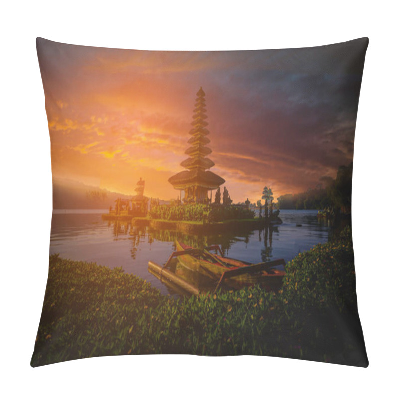 Personality  Pura Ulun Danu Bratan, Hindu Temple With Boat On Bratan Lake Landscape At Sunset In Bali, Indonesia. Pillow Covers