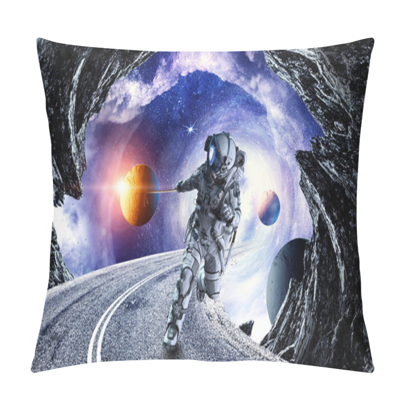 Personality  Fantasy Image With Spaceman Catch Planet. Mixed Media Pillow Covers