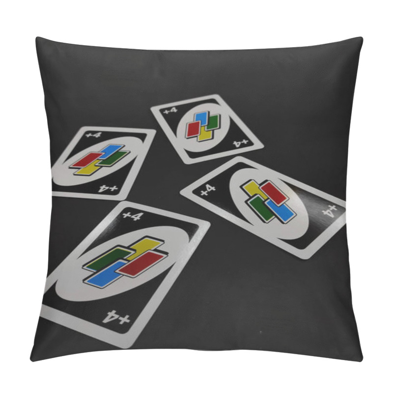 Personality  Cikancung, West Java, Indonesia - April 28, 2022 : Abstract Defocused UNO Playing Card Isolated On Black Background Pillow Covers