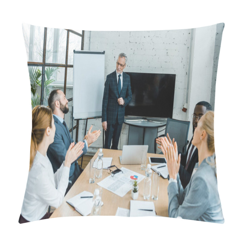 Personality  Selective Focus Of Business Coach Standing Near White Board Near Multicultural Coworkers Clapping Hands In Conference Room  Pillow Covers