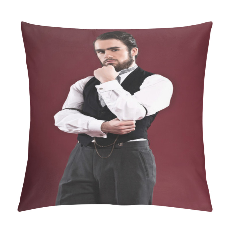 Personality  Retro 1900 Victorian Fashion Man With Beard Wearing Black Gilet  Pillow Covers