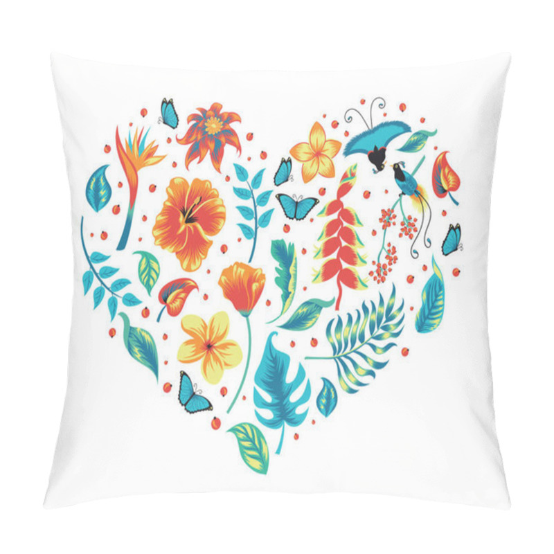 Personality  Heart With Tropical Leaves, Flowers And Bird.  Pillow Covers