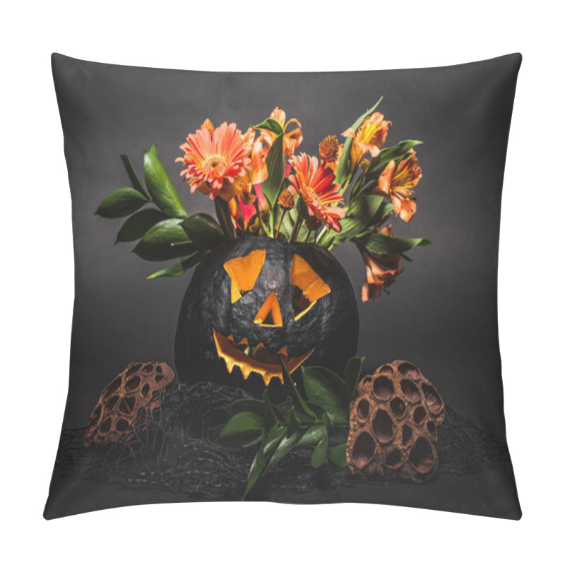 Personality  Orange Flowers In Spooky And Carved Dark Pumpkin On Black Background  Pillow Covers